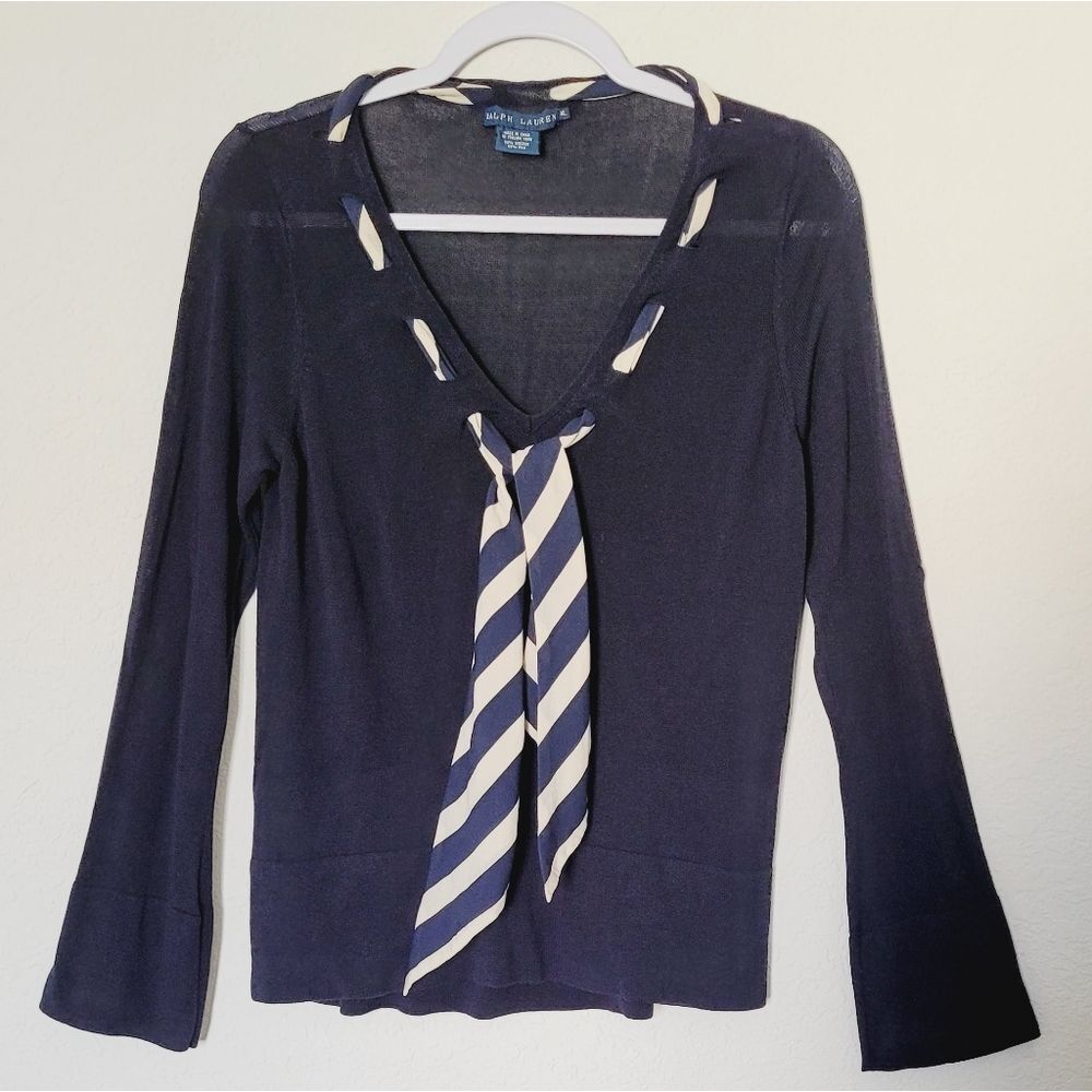 Ralph Lauren Blue Label Silk/Viscose Stripe Tie front blouse Sz XL